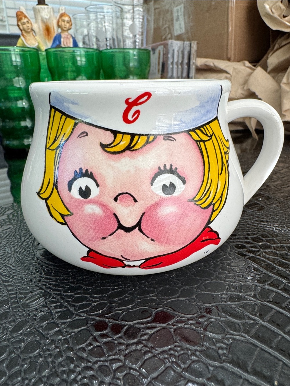 White Ceramic Child Face Mug with Red Accents Campbell Soup mud vintage 1998